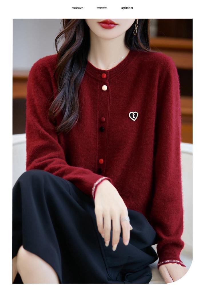 Women's Loose Round Neck Wool Cardigan with Colorful Buttons