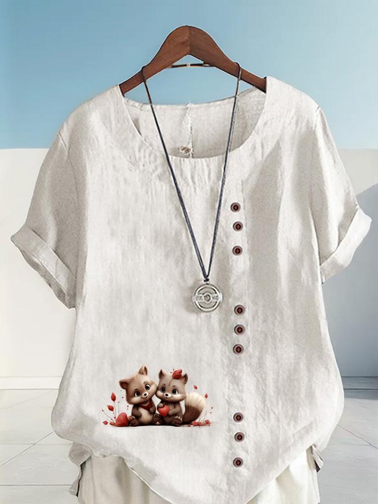 Women's Fashion Couple Bear Print Round Neck Short Sleeve T-shirt Summer Casual Cotton Linen Graphic Shirt Leisure Loose Blouse Tops