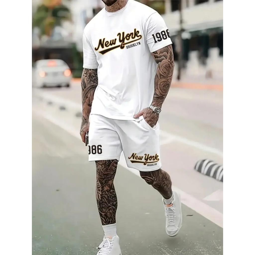 2025 Men's Short Sleeve Set Anchor Print Blue And White Summer Short Sleeve Shorts 2 Pieces Urban Fashion Street Suit