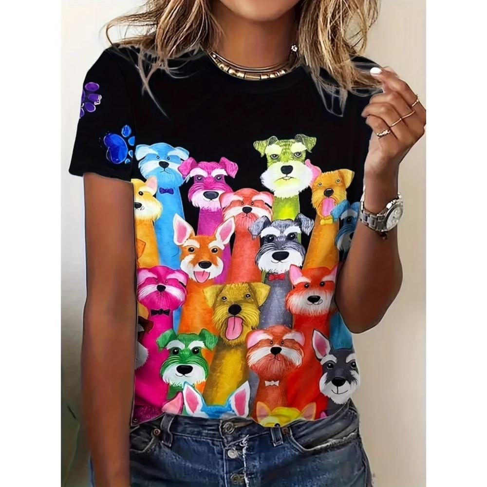 Summer New Women's 3D Digital Print T-shirt Loose Casual Round Neck Short-sleeved Creative Animal Print Top Y2K Streetwear