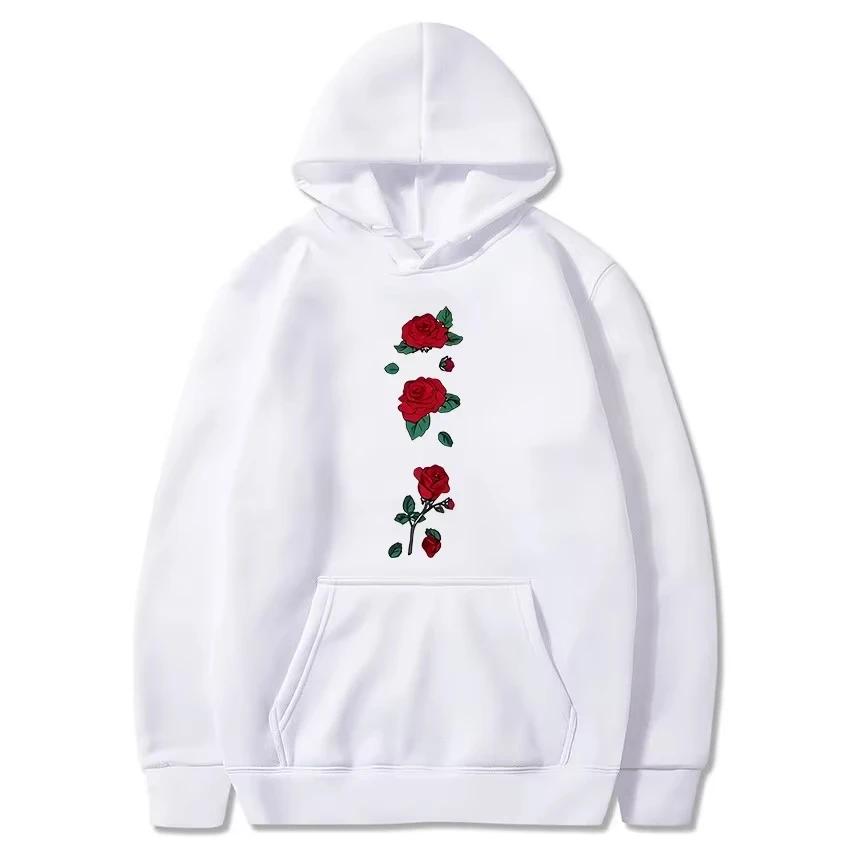 Fashion Trend Leisure5 Rose Flower Print Men's Pullover Autumn and Winter Loose Streetwear Outdoor Sports Sweatshirt