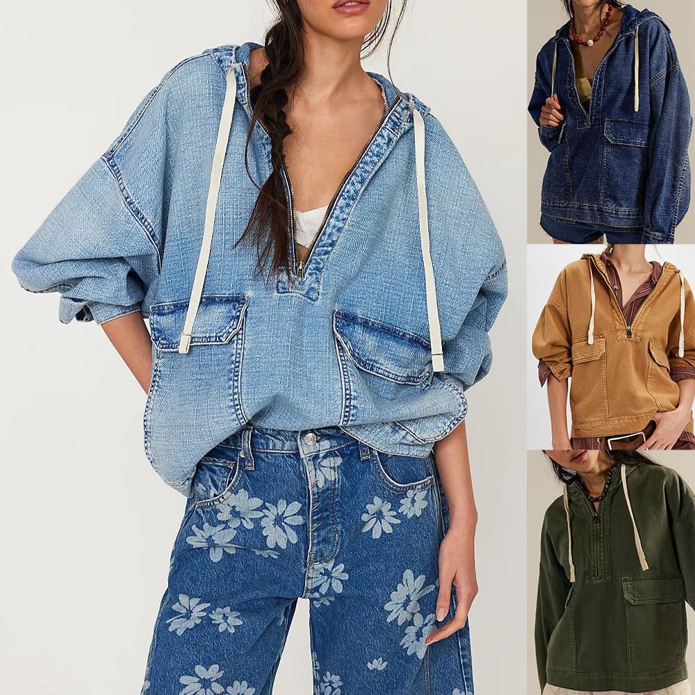 Women Loose Fit Denim Hooded Jacket with Zipper and Drawstring Multi Color Casual Jacket