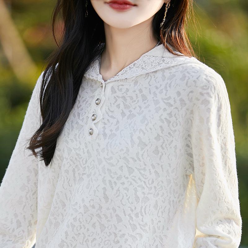 Women's French-Style Lace Fine-Knit Wool Hooded Sweater