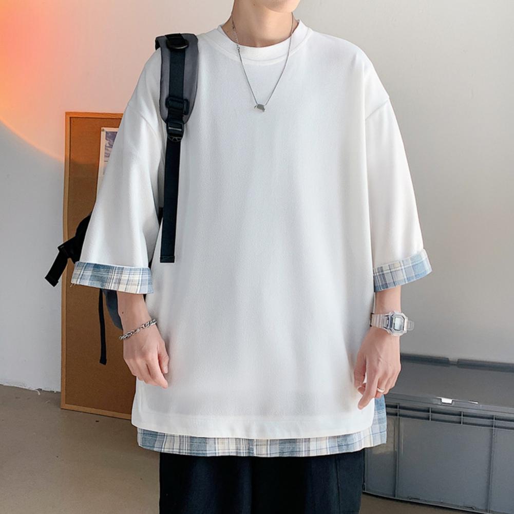 Spring Summer Men's T-shirts Women Oversized 2XL Korean Style Loose Plaid T-shirt Casual Seven Sleeves T-Shirt Male White
