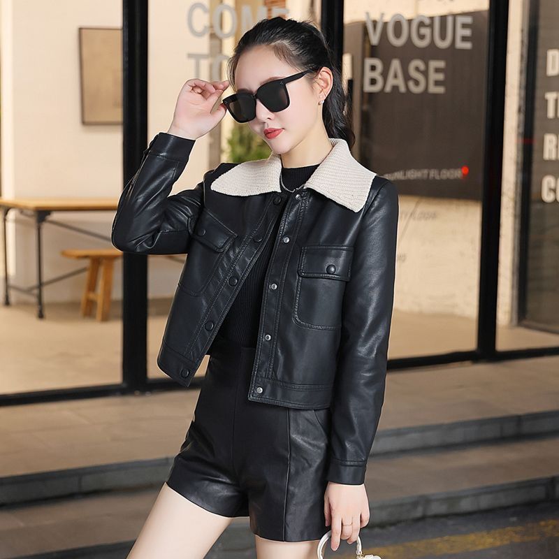 

Женская кожаная куртка с вязаным лацканом, весенне-осенний короткий комплект, модная кожаная куртка, женская куртка, топ L 85-50kg