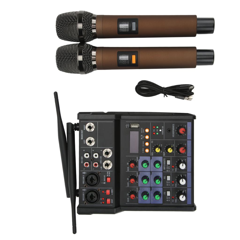 4 Channel Small Bluetooth Stereo Mixer with 2 Wireless Microphones Family Stereo Processor for Live