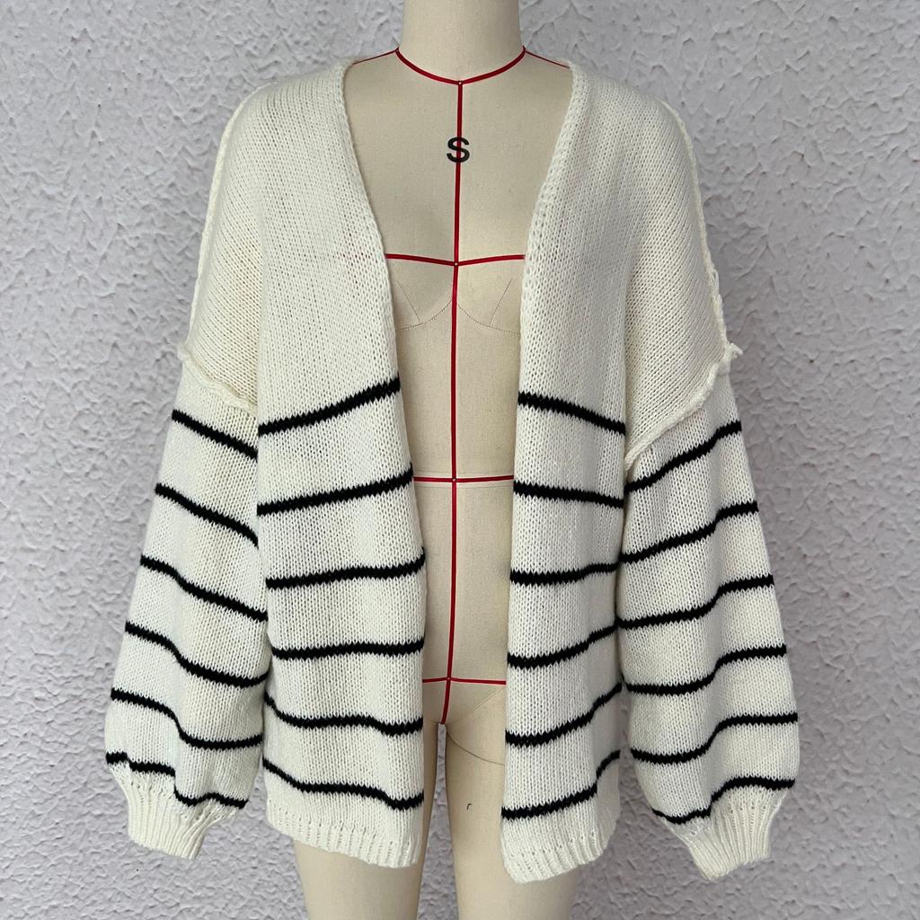 New autumn and winter sweater for women, loose contrasting stripes, reverse bone embroidery, knitted cardigan jacket for women 3583 KTB