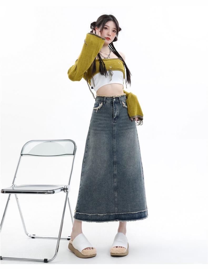 Summer Frayed A-line Hip-Hugging Denim Skirt - Retro Fashion, Niche, High Waist for Women