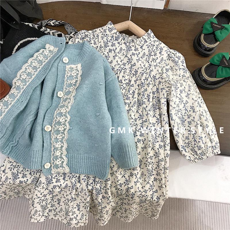 Ensemble Robe Florale d'Automne pour Filles Coréennes et Gilet à Bordure en Dentelle