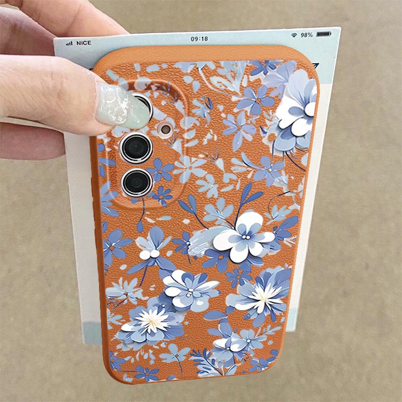 S26 Ultra Case Luxury Blue and White Flowers Pattern Leather Texture Soft Silicone Cover For Samsung Galaxy S25 Edge S24 Ultra S23 S22 Plus S21 FE