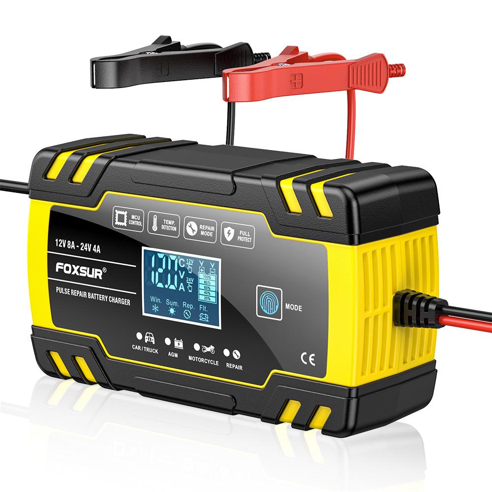 12V/8A 24V/4A Full Automatic Car Battery Charger Pulse Repair FOXSUR Car Motor Truck AGM Lead-acid LCD Display Automatic Battery Charging FBC122408D