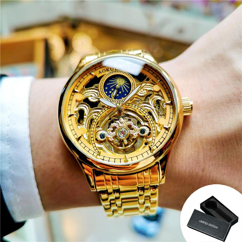 Royal Gold Skeleton Automatic Watch for Men Luxury Tourbillon Mechanical Watches Stainless Steel Strap Luminous Clock