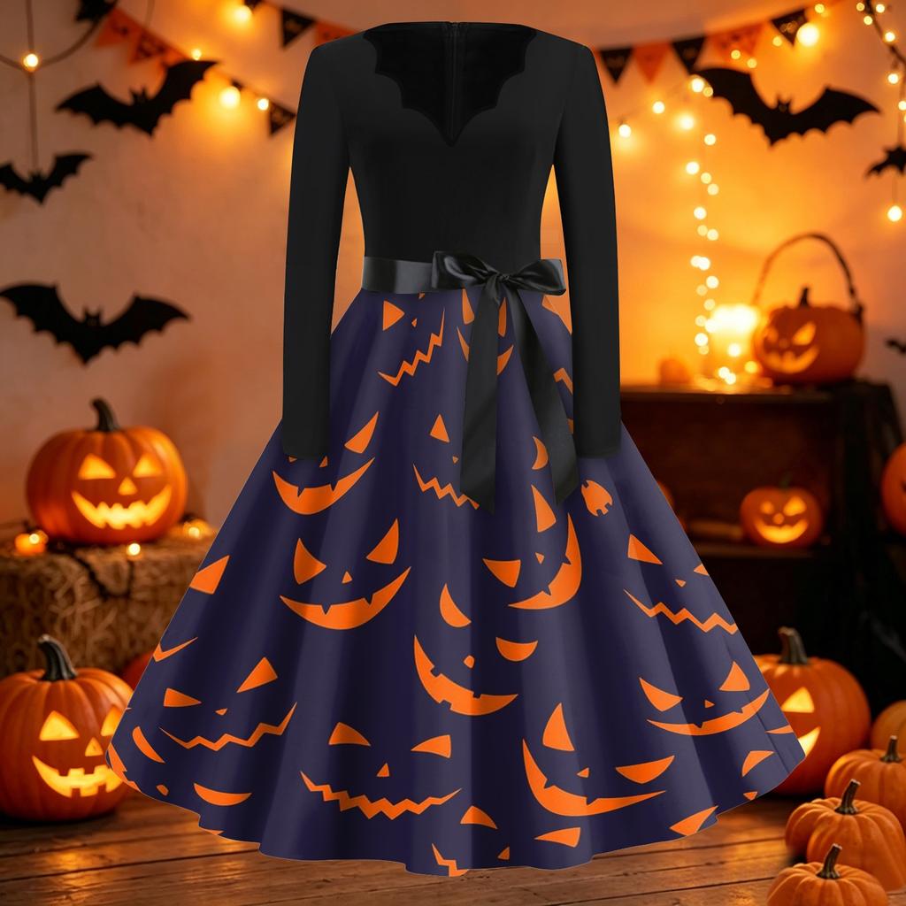 Women's Vintage Halloween Dress V Neck Long Sleeve Casual Retro Style Bat Print Swing Skirt Dress with Waist Tie Belt