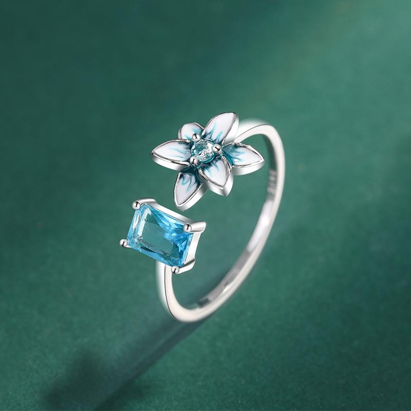 Delikat emalje safirblomst hel diamant parring for kvinner Fargerike blå originale Sterling sølv brudegavesmykker