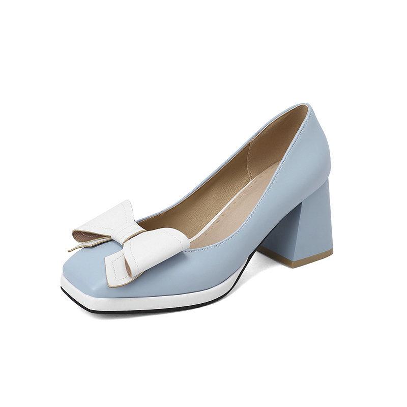 Fashion Sweet Bow-tied Women's Heels Shoes Large Size Leisure Elegant Blue Red Block Medium Heel Pumps Office Party Wedding Shoes