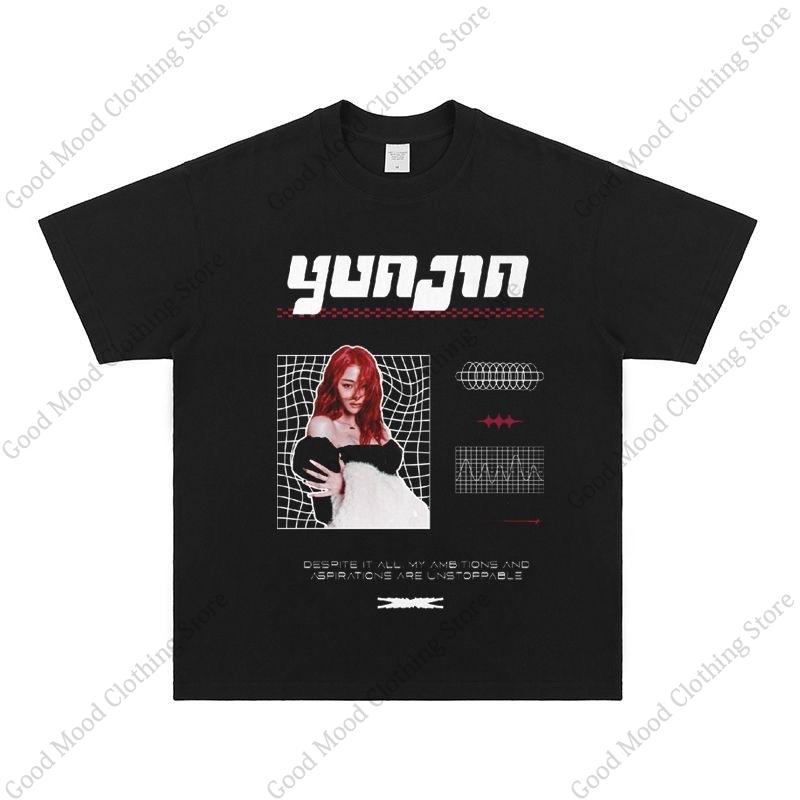 T-shirt Huh Yunjin Moda Kpop T-shirt con Stampa Retro Tendenza Street Unisex Donna Larga Cotone Morbido di Alta Qualità Maglietta a Maniche Corte Top