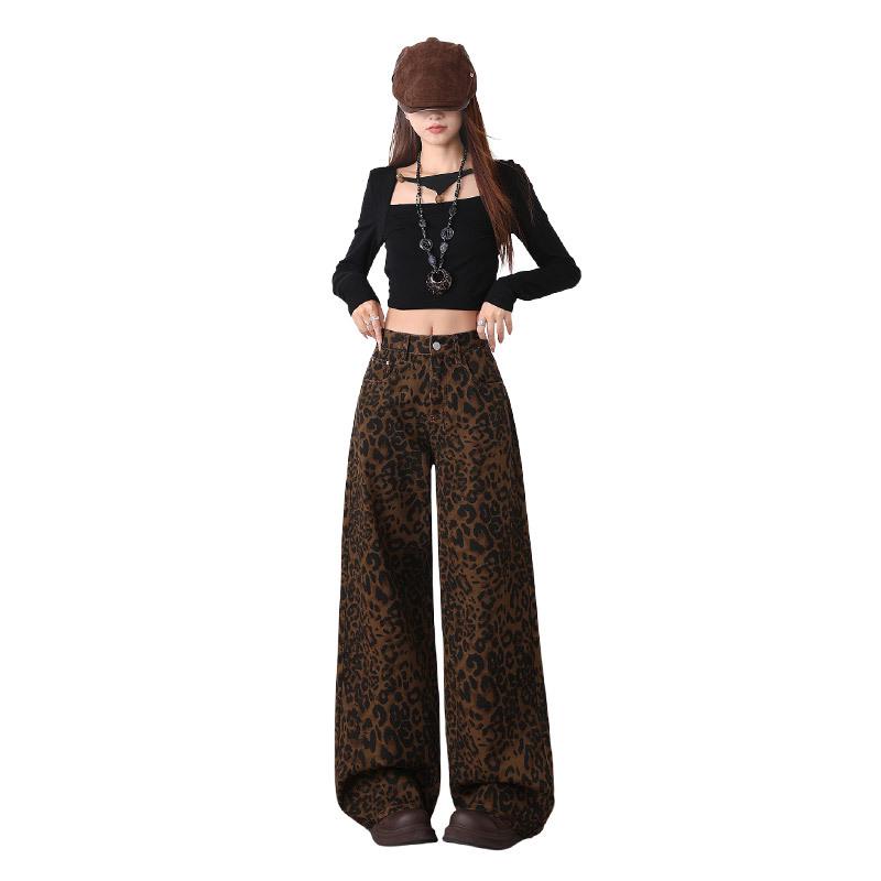 Women's American Casual Leopard Print High-Waisted Wide-Leg Jeans, Autumn/Winter 2025, Loose-Slimming, Floor-Length Pants