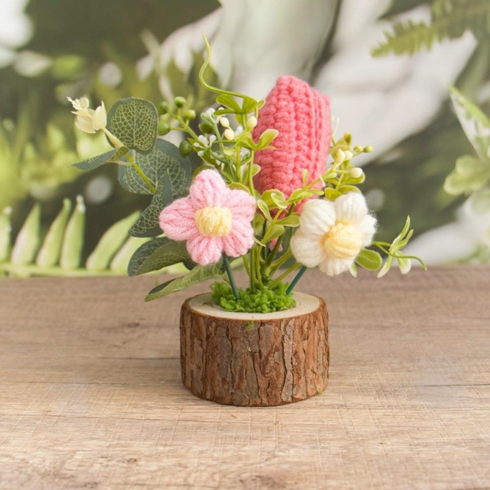 Hand-woven Knitted Flowers Potted Sunflower Tulip DIY Craft Artificial Flower Cute Design Colorful Handmade Plant Decor