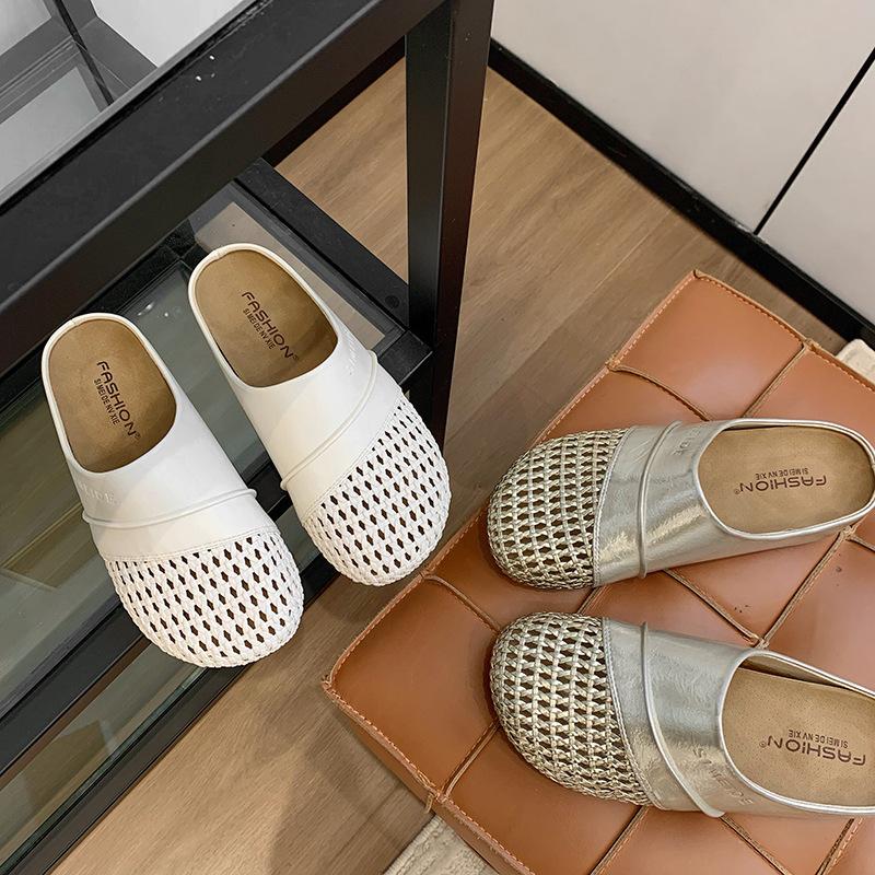 Thick-soled Bag Head Slippers Women's Summer Outer Wear 2025 New Imitation Leather Inner Height Increase Hollow Woven One-pedal Slippers