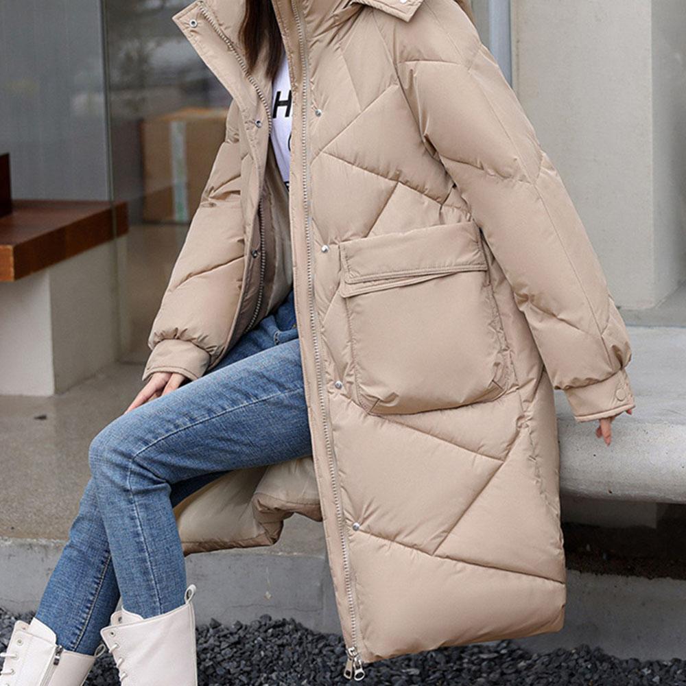 Casaco longo com capuz grosso feminino, jaqueta de inverno, roupas parkas para mulheres, roupas coreanas ao ar livre, casaco corta-vento