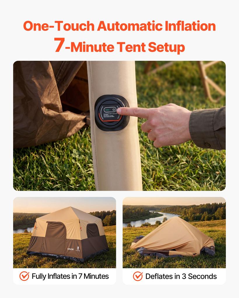 VEVOR Camping Tent, 6 Person Inflatable Cabin Tent with Rechargeable Pump, TPU Air Tube & 4 Large Mesh Windows