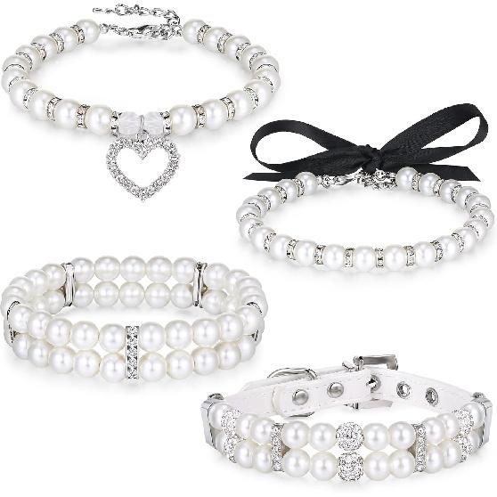 4 Pieces Dog Pearl Collars Pet Pearl Necklace Set Cat Pearl Neck Strap Crystal Rhinestones Pearls Charms for Small Dogs Cats Wedding Birthday Party