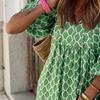 Women Bohemian Floral Print Dress V Neck A Line Maxi Beach Dress with Puff Sleeves Casual Loose Printed High Waist Swing Hem Dress for Beach Party