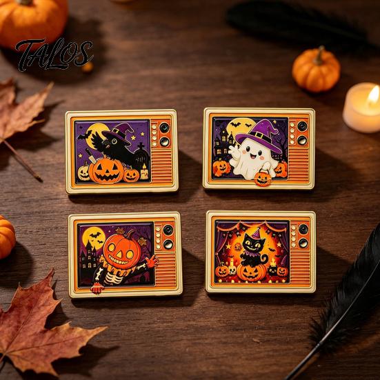 Holiday Costume Accessory Retro TV Brooch for Halloween, Pumpkin Ghost Black Cat Crow Halloween Party Badge, Lapel Pin Sweaters Jackets Scarves