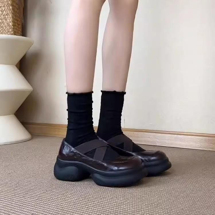 Sheepskin Version~ Thick-soled Inner Height Increase College Mary Jane Shoes Women's One-pedal New Small Leather Shoes Thick Heel Shallow Mouth Singl