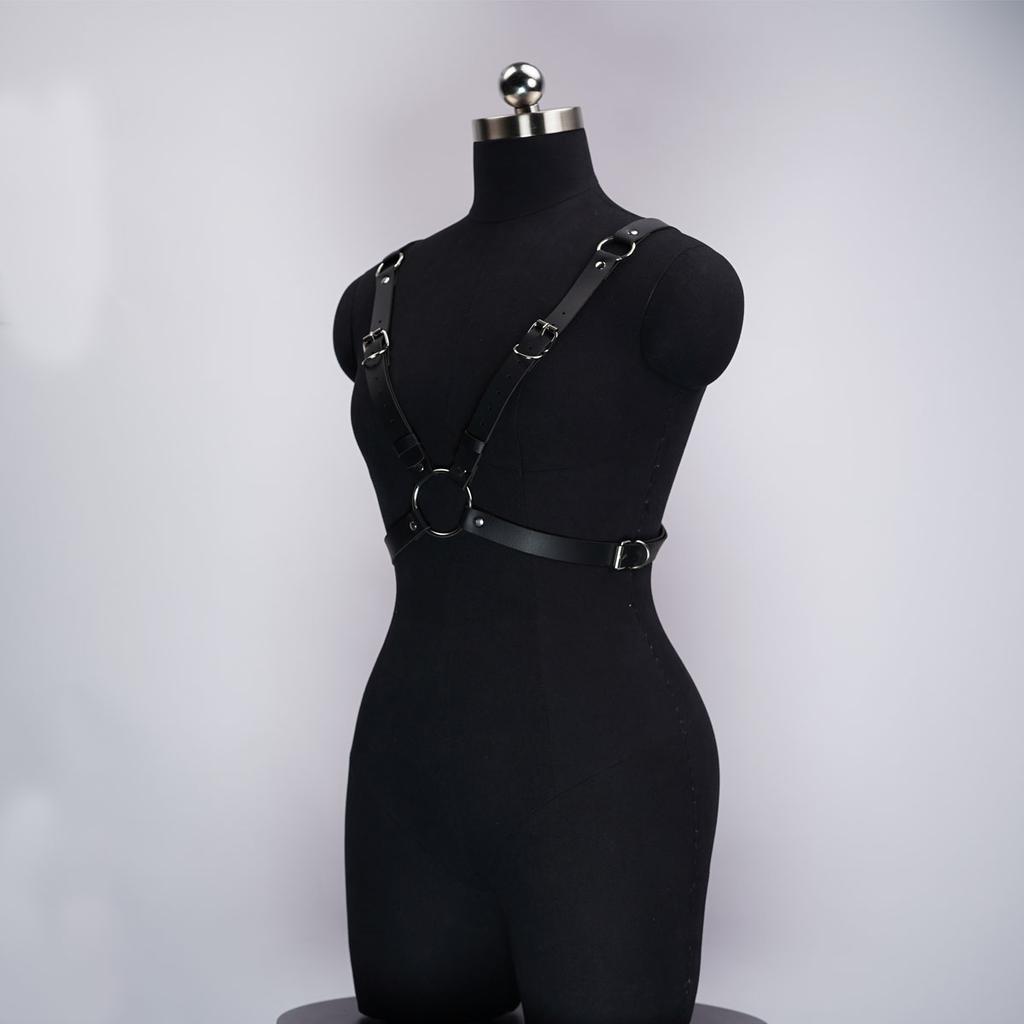 Women's Black Leather Body Harness Top, Adjustable Straps, O-Ring Detail, Gothic Punk Style, Party Clubwear