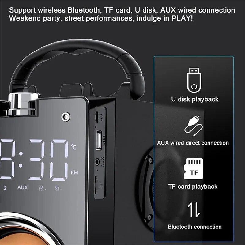 Creative Design T3 Tragbarer Außenlautsprecher, 2.1-Kanal-Stereo-Bluetooth-Lautsprecher mit Fernbedienung, Dual-Wecker, Telefonhalter, LCD-Mikrofon