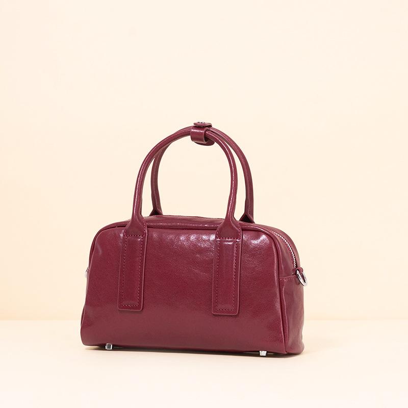 Leather Women'S Bag Bowling Bag Crystal Vegetable Tanned Tire Cowhide Boston Bag Versatile Crossbody Bag