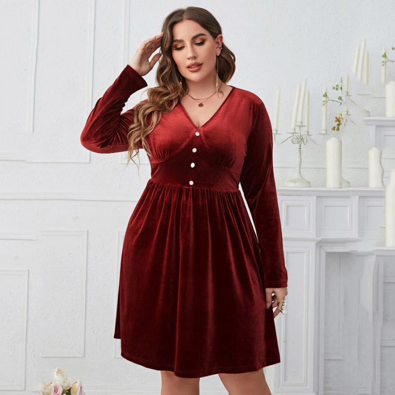 New Women’s V-neck Long Sleeve Red Dress High Waist Slim Comfortable Breathable Dress Casual Fashion Plus Size Mid Party Dress