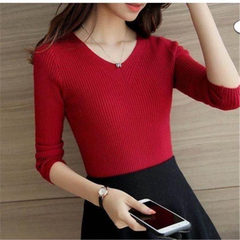 

Жіночі весняно-осінь пуловери в язані светри сорочка з повним рукавом і V-подібним вирізом у смужку, тонкий низ, однотонні топи, один розмір One Size бордовий