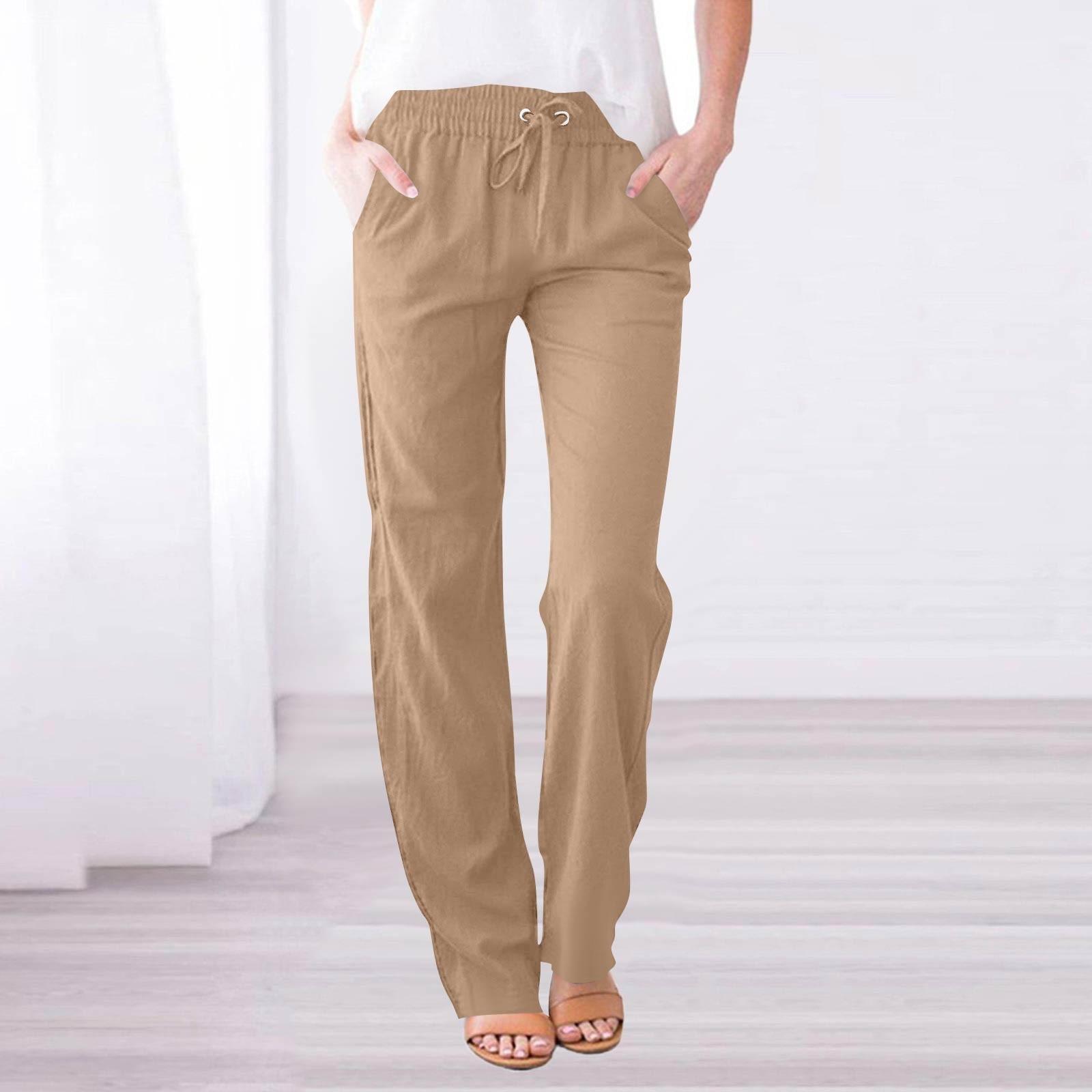 

Женские повседневные хлопковые и льняные однотонные длинные прямые брюки с эластичной резинкой на талии L хаки