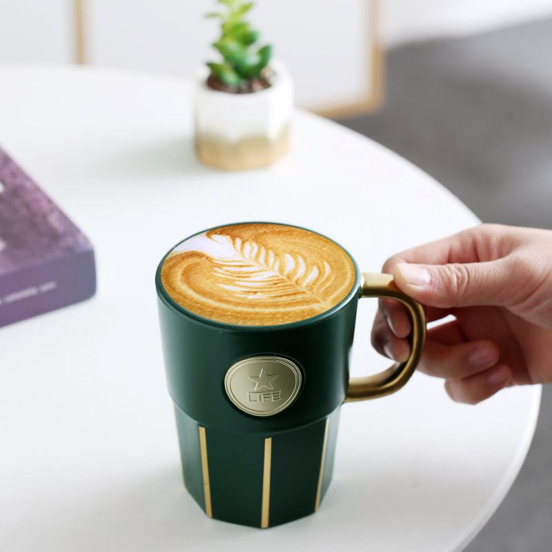 Mute Dark Green Mermaid Ceramic Copper Seal With Gold-Painted Handle Coffee Cup