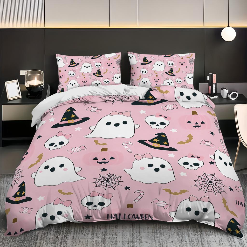 3pcs Halloween themed, cartoon ghost, spooky pattern bedding set, 1*quilt cover+2*pillowcase, Halloween home decoration