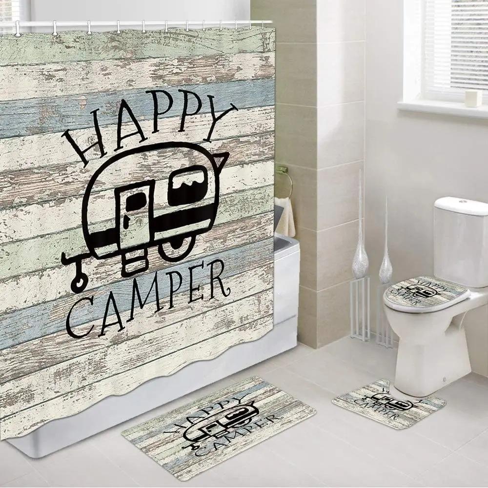 Happy Campers Printed Shower Curtain Retro Rustic Wood Style Small Size For Bathroom Decor