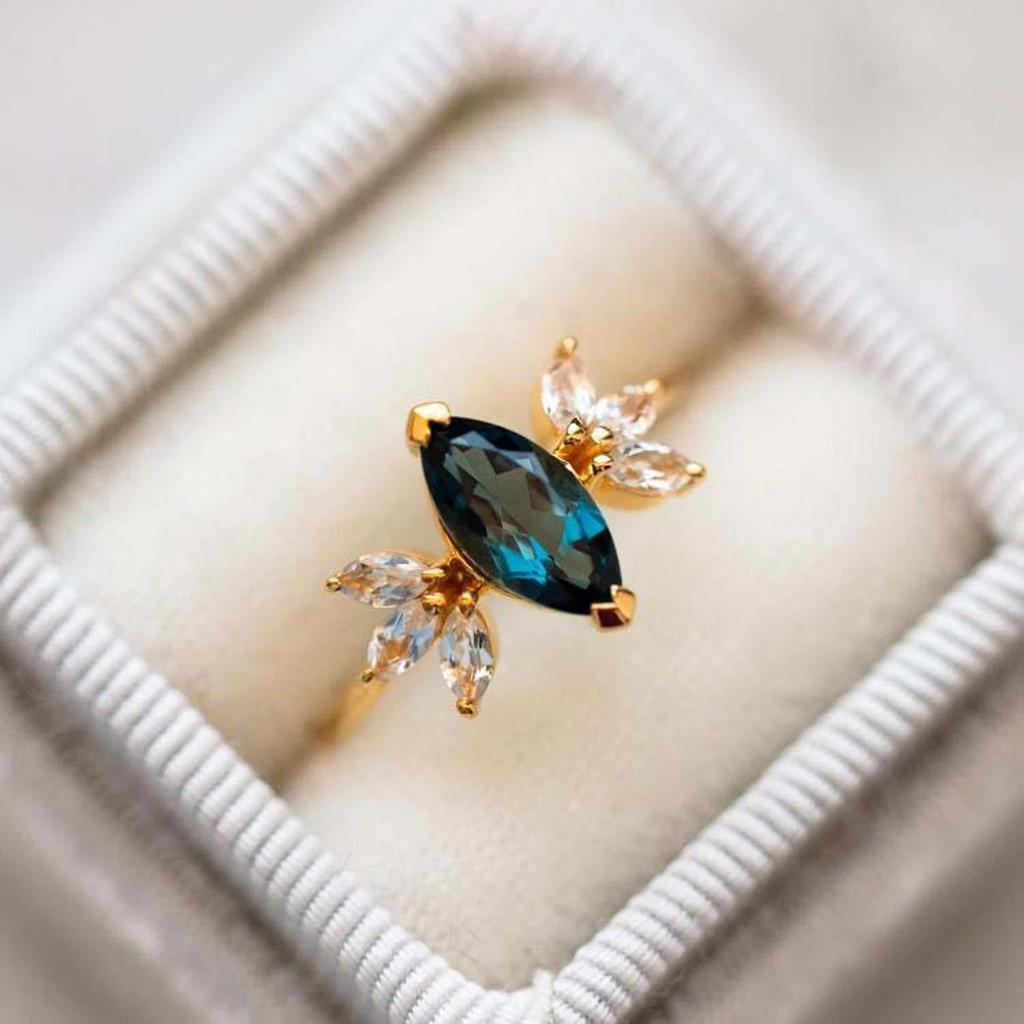 Marquise Cut Teal Green Sapphire Gemstone Ring – Gold Plated Leaf Design Engagement Ring, Vintage Anniversary Jewelry Gift for Women