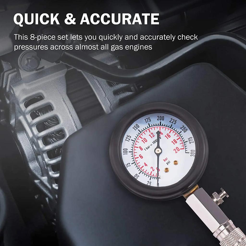 8pcs Gasoline Engine 0-300PSI Cylinder Compression Tester Kit, Cylinder Test Pressure Gauge with Adapter