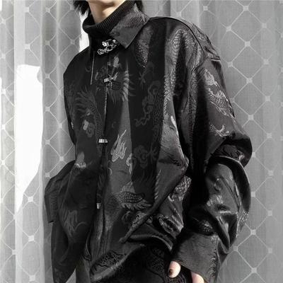 Camicia da uomo a maniche lunghe stampata in stile cinese per la primavera, casual, vestibilità larga, top alla moda