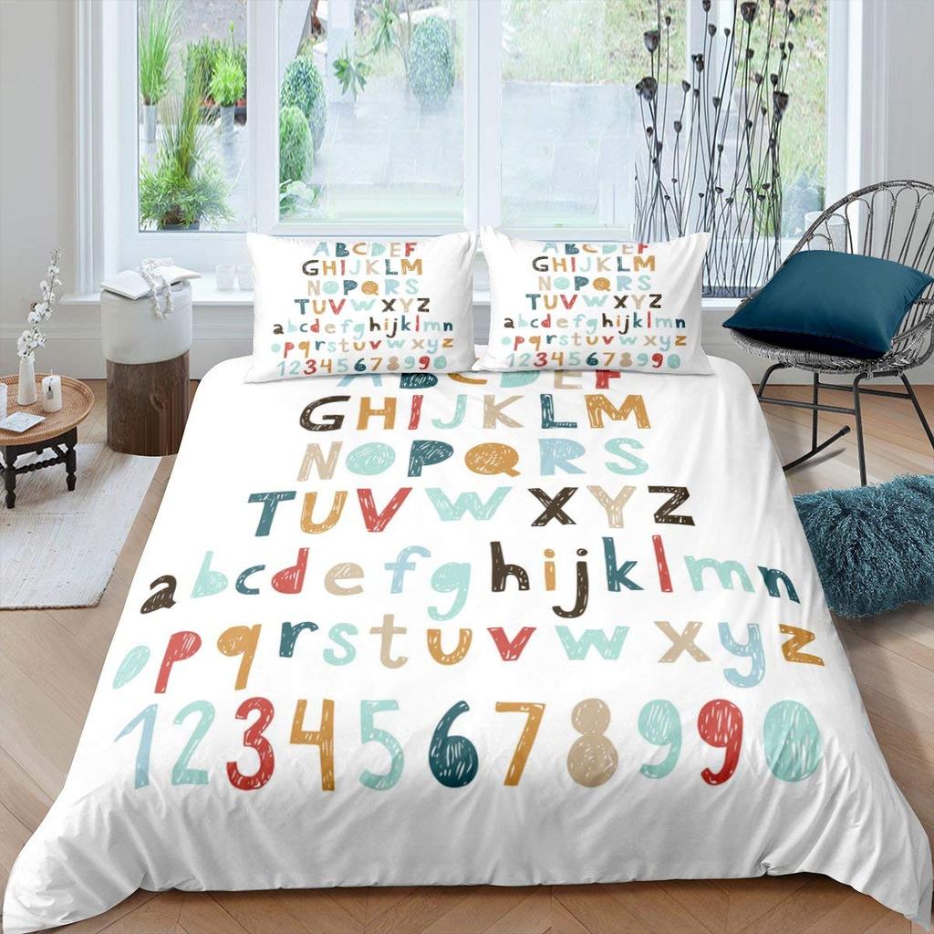 Kids Alphabet Duvet Cover Set Polyester Digital Pattern Bedding Twin Size Hand Painted Educational Quilt Cover