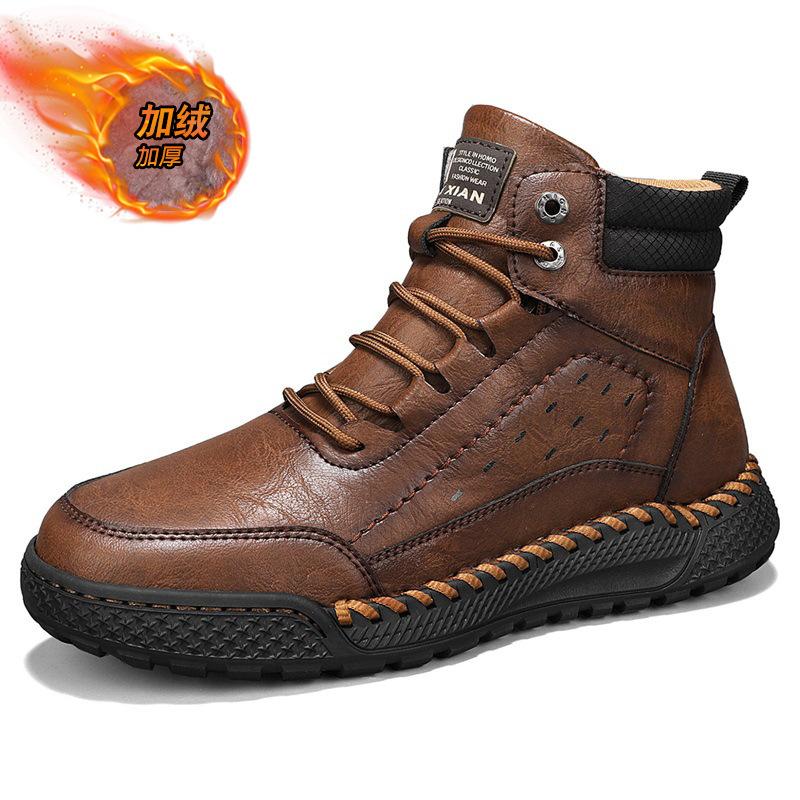 High-end leather Martin boots men's outdoor high-top cotton boots retro velvet