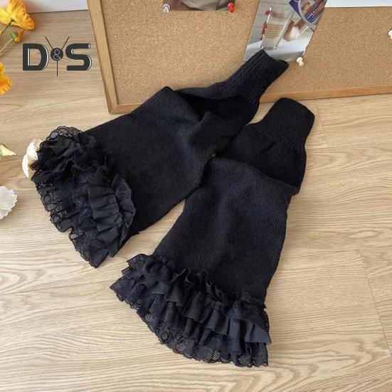 1 Pair Winter Calf Covers Lace Trim Knitted Anti-slip Solid Color Elastic Lolita Style JK Cosplay Performance Daily Wear Sports Outing Leg Warmers