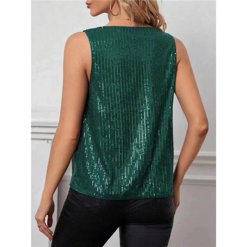 Trendy European And American Sexy V Neck Strapless Sequin Loose Short Pullover Top Women Tank Top Stylish Blouse
