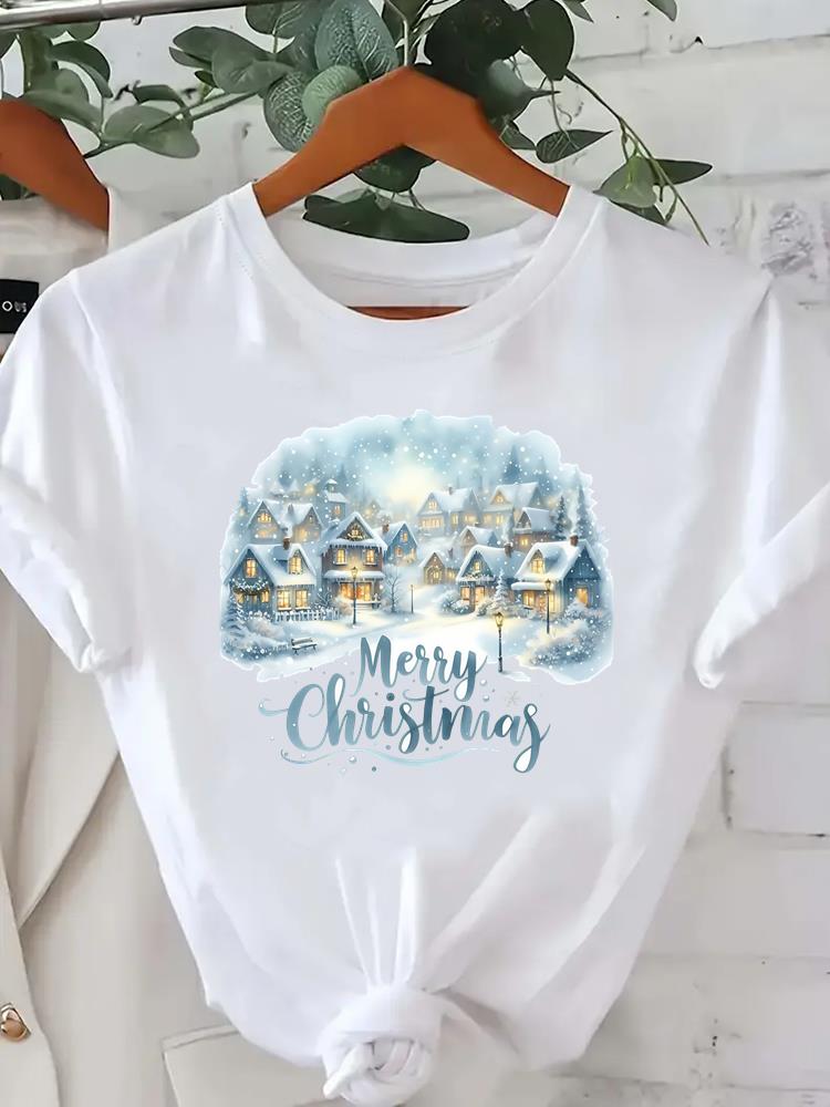 (Asian Size) Short Sleeve T-shirts  Print merry Christmas o-neck festival lovely Women's Top new year T Clothing Fashion holiday Graphic Tee