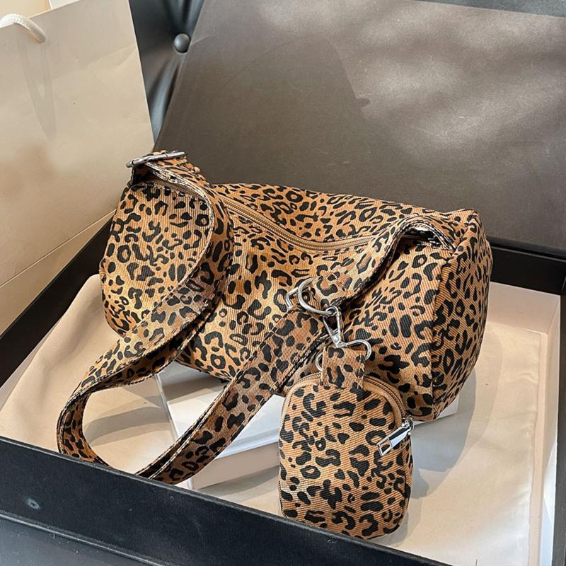 Popular Leopard Print Wide Shoulder Strap Crossbody Bag Fashionable Brown Shoulder Bag Women's Pillow Bag