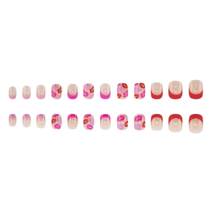 Press On Nail Short Almond Fake Nail French Full Cover Acrylic False Nail Valentine Design Fake Nail for Women and Girls