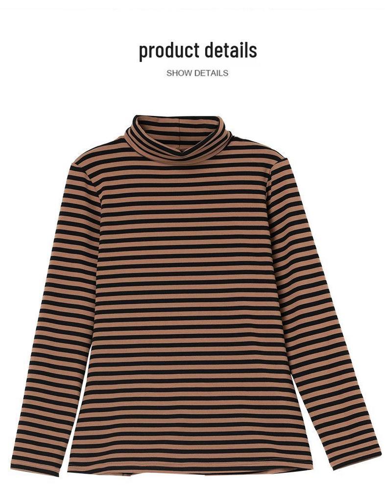 Women's Plush Striped High-Neck Base Layer Top - Long Sleeve, Plus Size, for Autumn/Winter, Middle-Aged Mom, Thick Velvet Inner Layer.