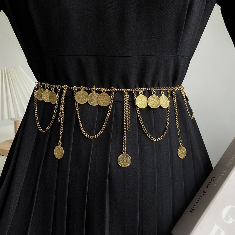 1pcs DUNHUANG Exotic Ethnic Waist Belt for Women, Bohemian Retro Metal Coin Tassel Belt, Suitable for Daily Wear with Skirts and